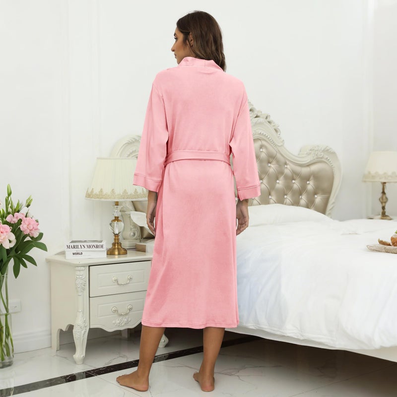 HEARTNICE Womens Cotton Robe, Soft Kimono Spa Knit Long Bathrobe Lightweight Loungewear(Pink,L) - Image 4